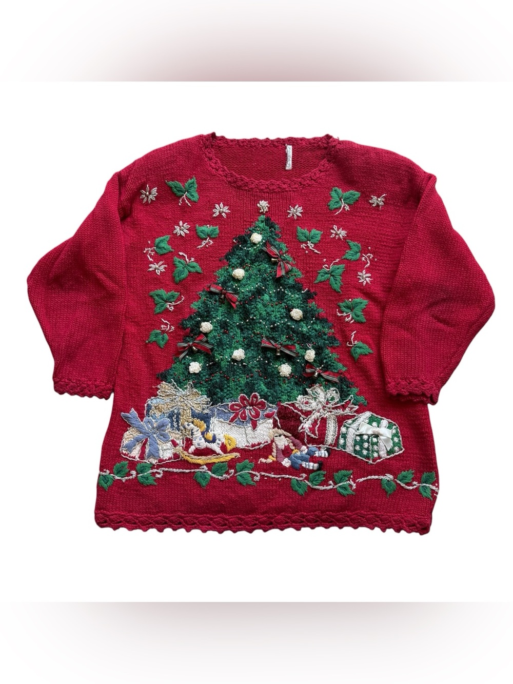 Vintage 90’s Tiara Christmas Tree Sweater L 3D Embroidered Beaded Bells Red Knit